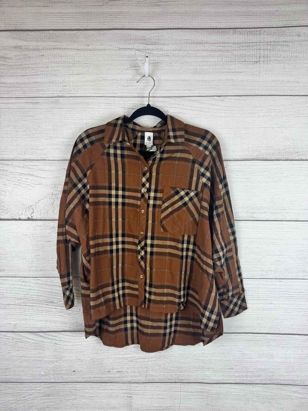 Flawless Plus Size Tan Plaid Button Up Flannel Top Size Small